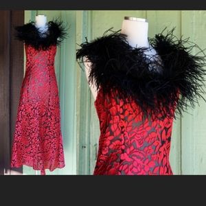 Vtg Frederick's of Hollywood dress w ostrich feather collar. with black gloves